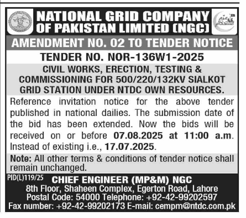National Grid Company of Pakistan Limited Lahore Tender Notice-1